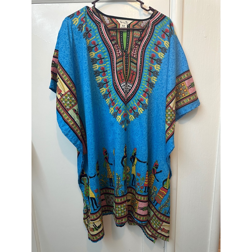 Gypsie Blu Blue‎ Dashiki Kaftan Dress African Print Oversized One Size OSFA